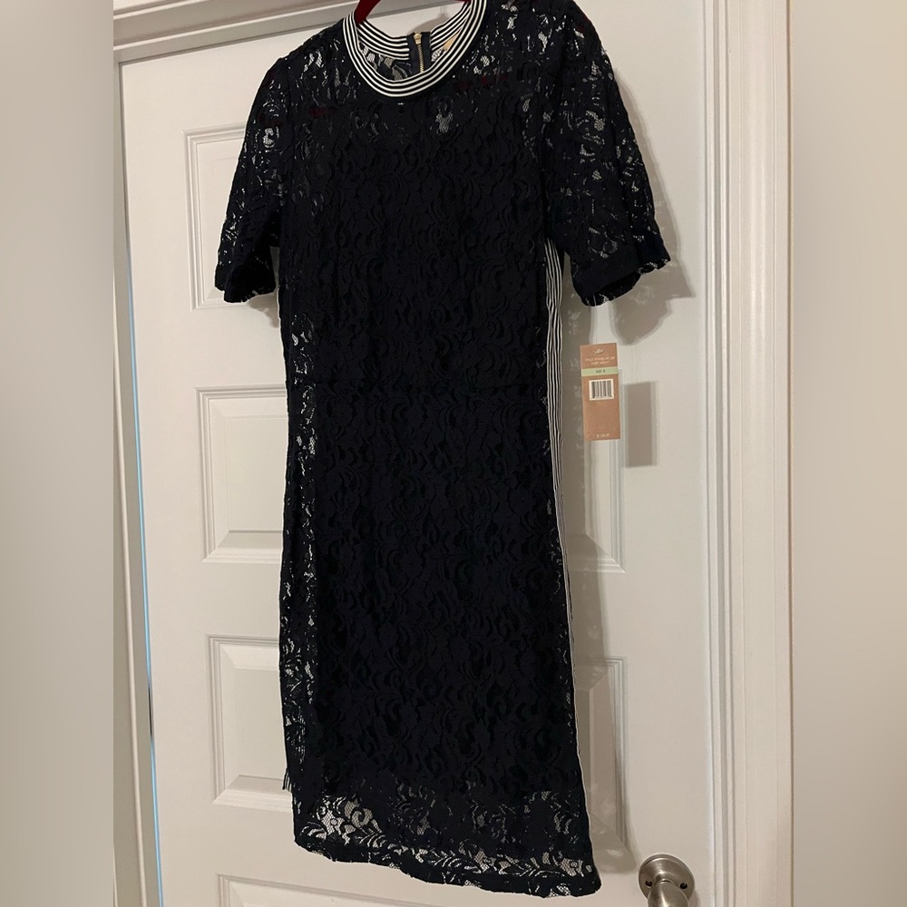 Navy Lace Dress with Striped Detailing